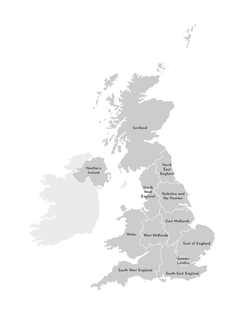 Vector isolated illustration of simplified administrative map of the United Kingdom of Great Britain and Northern Ireland. Borders and names of the regions. Grey silhouettes. White outline.のイラスト素材