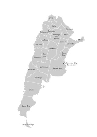 Vector isolated illustration of simplified administrative map of Argentina. Borders and names of the provinces (regions). Grey silhouettes. White outlineのイラスト素材