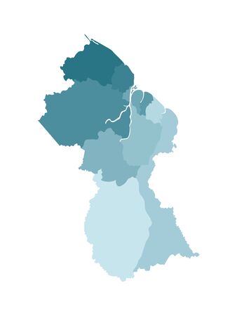 Vector isolated illustration of simplified administrative map of Guyana. Borders of the regions. Colorful blue khaki silhouettes.のイラスト素材