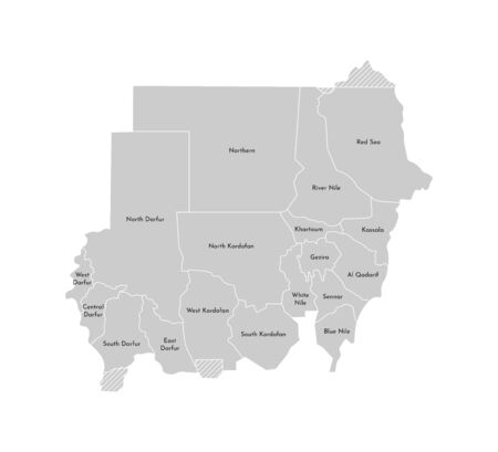 Vector isolated illustration of simplified administrative map of Sudan. Borders and names of the provinces (regions). Grey silhouettes. White outlineのイラスト素材