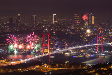 ISTANBUL, TURKEY. New Year 2024 Celebrations Around the Istanbul. Fireworks with Istanbul Bosphorus Bridge (15th July Martyrs Bridge). Camlica Hill very nice view Uskudar, Istanbulの写真素材