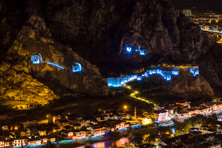 Aerial view of the old town of Kotor, Montenegro at night.の写真素材