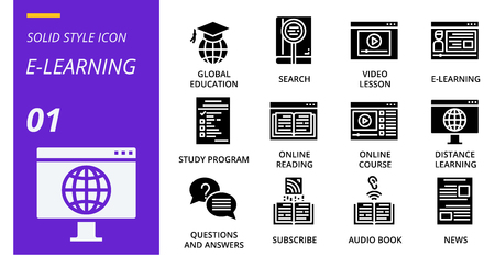 filled outline icon pack . Icons for education, e-lerning, study online,for websites and mobile websites and apps.のイラスト素材