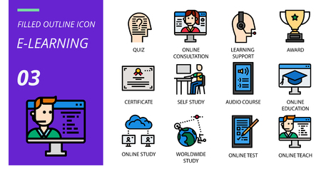 filled outline icon pack . Icons for education, e-lerning, study online,for websites and mobile websites and apps.のイラスト素材