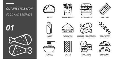 Outline icon pack for food and beverage, taco, french fries, hamburger, hotdog, kabab, sandwich, chicken drumsticks, brochette, noodle, wafer, macarons, croissant, food, beverage.のイラスト素材