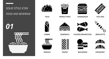 Solid icon pack for food and beverage, taco, french fries, hamburger, hotdog, kabab, sandwich, chicken drumsticks, brochette, noodle, wafer, macarons, croissant, food, beverage.のイラスト素材