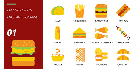Flat icon pack for food and beverage, taco, french fries, hamburger, hotdog, kabab, sandwich, chicken drumsticks, brochette, noodle, wafer, macarons, croissant, food, beverage.のイラスト素材