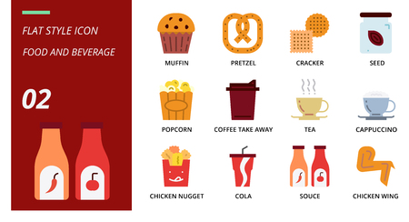 Flat icon pack for food and beverage, muffin, pretzel, cracker, seed, popcorn, coffee, tak away, tea, cappuccino, chicken nugget, cola, souce, chicken wing, food, baverage.のイラスト素材