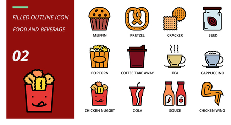 filled outline icon pack for food and beverage, muffin, pretzel, cracker, seed, popcorn, coffee, tak away, tea, cappuccino, chicken nugget, cola, souce, chicken wing, food, baverage.のイラスト素材
