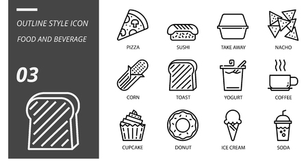 Outline icon pack for food and beverage, pizza, sushi, take away, nacho, corn, toast, yogurt, coffee, cupcake, donut, ice cream, sodaのイラスト素材