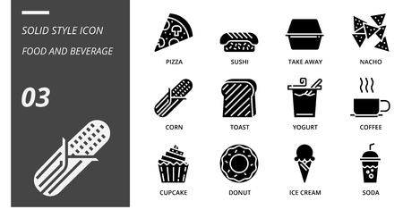 Solid icon pack for food and beverage, pizza, sushi, take away, nacho, corn, toast, yogurt, coffee, cupcake, donut, ice cream, soda.のイラスト素材