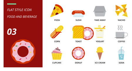 Flat icon pack for food and beverage, pizza, sushi, take away, nacho, corn, toast, yogurt, coffee, cupcake, donut, ice cream, soda.のイラスト素材