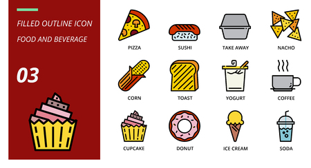 filled outline icon pack for food and beverage, pizza, sushi, take away, nacho, corn, toast, yogurt, coffee, cupcake, donut, ice cream, soda.のイラスト素材
