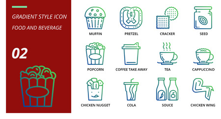 Gradient icon pack for food and beverage, muffin, pretzel, cracker, seed, popcorn, coffee, tak away, tea, cappuccino, chicken nugget, cola, souce, chicken wing, food, baverage.のイラスト素材