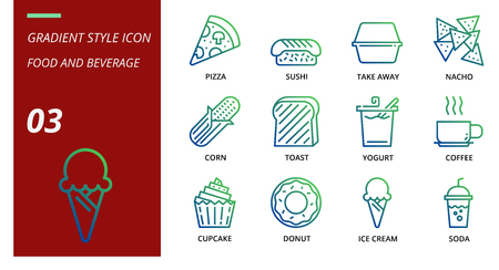 Gradient icon pack for food and beverage, pizza, sushi, take away, nacho, corn, toast, yogurt, coffee, cupcake, donut, ice cream, soda.のイラスト素材
