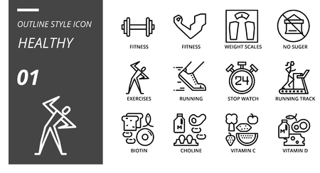 Outline icon pack for healthy,fitness, weight, scales, no, sugar, exercises, running, stop, watch, running track, biotin, choline, vitamin c, vitamin d.のイラスト素材