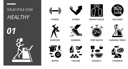 Solid icon pack for healthy, fitness, weight, scales, no, sugar, exercises, running, stop, watch, running track, biotin, choline, vitamin c, vitamin d.のイラスト素材