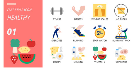 Flat icon pack for healthy, fitness, weight, scales, no, sugar, exercises, running, stop, watch, running track, biotin, choline, vitamin c, vitamin d.のイラスト素材