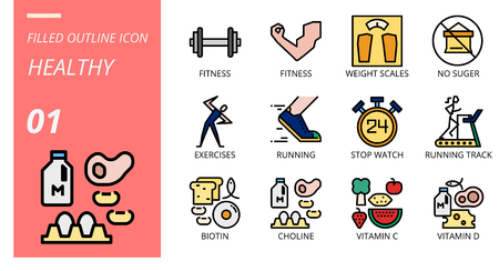 filled outline icon pack for healthy, fitness, weight, scales, no, sugar, exercises, running, stop, watch, running track, biotin, choline, vitamin c, vitamin d.のイラスト素材