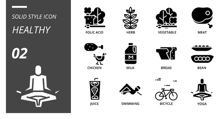 solid icon pack for hygiene routine, folic acid, herb, vegetable, meat, chicken, milk, bread, bean, juice, swimming, bicycle, yoga.のイラスト素材