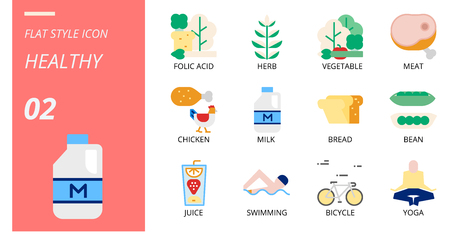 flat icon pack for hygiene routine, folic acid, herb, vegetable, meat, chicken, milk, bread, bean, juice, swimming, bicycle, yoga.のイラスト素材