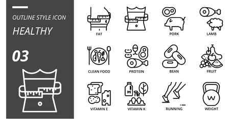 Outline icon pack for healthy, fat, diet, pork, lamb, clean food, protein, bean, fruit, vitamin e, vitamin k, running, weight.のイラスト素材