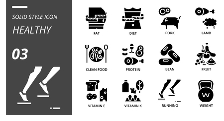 Solid icon pack for healthy, fat, diet, pork, lamb, clean food, protein, bean, fruit, vitamin e, vitamin k, running, weight.のイラスト素材