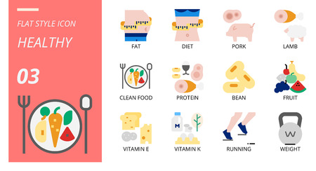 Flat icon pack for healthy, fat, diet, pork, lamb, clean food, protein, bean, fruit, vitamin e, vitamin k, running, weight.のイラスト素材