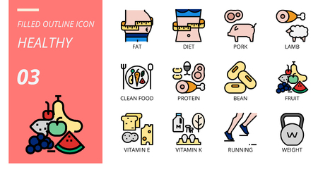 filled outline icon pack for healthy, fat, diet, pork, lamb, clean food, protein, bean, fruit, vitamin e, vitamin k, running, weight.のイラスト素材
