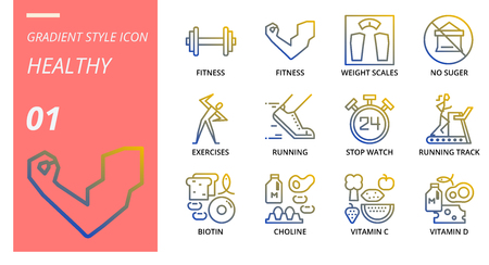 Gradient icon pack for healthy, fitness, weight, scales, no, sugar, exercises, running, stop, watch, running track, biotin, choline, vitamin c, vitamin d.のイラスト素材