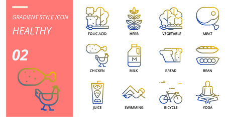 Gradient icon pack for hygiene routine, folic acid, herb, vegetable, meat, chicken, milk, bread, bean, juice, swimming, bicycle, yoga.のイラスト素材
