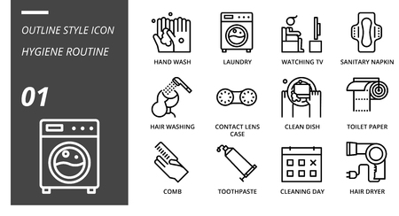Outline icon pack for hygiene routine, hand wash, laundry, watching tv, sanitary napkin, hair washing, contact lens case, clean dish, toilet paper, comb, toothpaste, cleaning day, hair dryer.のイラスト素材