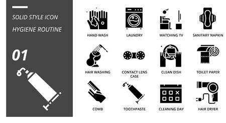solid icon pack for hygiene routine, hand wash, laundry, watching tv, sanitary napkin, hair washing, contact lens case, clean dish, toilet paper, comb, toothpaste, cleaning day, hair dryer.のイラスト素材