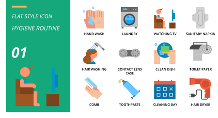 Flat icon pack for hygiene routine, hand wash, laundry, watching tv, sanitary napkin, hair washing, contact lens case, clean dish, toilet paper, comb, toothpaste, cleaning day, hair dryer.のイラスト素材
