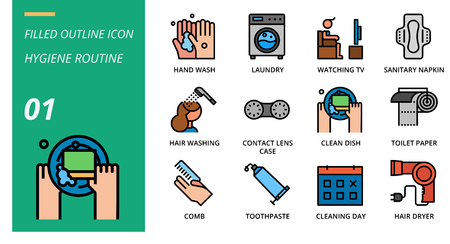 Filled outline icon pack for hygiene routine, hand wash, laundry, watching tv, sanitary napkin, hair washing, contact lens case, clean dish, toilet paper, comb, toothpaste, cleaning day, hair dryer.のイラスト素材