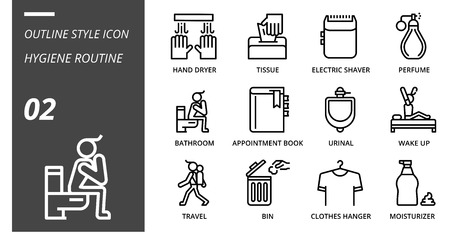 Outline icon pack for hygiene routine, hand dryer, tissue,electric shaver, perfume, bathroom, appointment book, urinal, wake up, travel, bin, clothes hanger, moisturizer.のイラスト素材