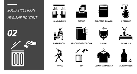 Solid icon pack for hygiene routine, hand dryer, tissue,electric shaver, perfume, bathroom, appointment book, urinal, wake up, travel, bin, clothes hanger, moisturizer.のイラスト素材