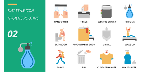 Flat icon pack for hygiene routine, hand dryer, tissue,electric shaver, perfume, bathroom, appointment book, urinal, wake up, travel, bin, clothes hanger, moisturizer.のイラスト素材
