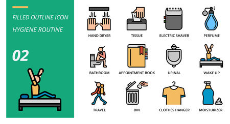 Filled outline icon pack for hygiene routine, hand dryer, tissue,electric shaver, perfume, bathroom, appointment book, urinal, wake up, travel, bin, clothes hanger, moisturizer.のイラスト素材