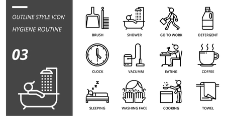 Outline icon pack for hygiene routine, brush, shower, go, to, work, detergent, clock, vacuum, eating, eating, coffee, sleeping, washing face, cooking, towel.のイラスト素材