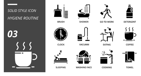 solid icon pack for hygiene routine, brush, shower, go, to, work, detergent, clock, vacuum, eating, eating, coffee, sleeping, washing face, cooking, towel.のイラスト素材