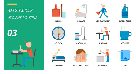 Flat icon pack for hygiene routine, brush, shower, go, to, work, detergent, clock, vacuum, eating, eating, coffee, sleeping, washing face, cooking, towel.のイラスト素材