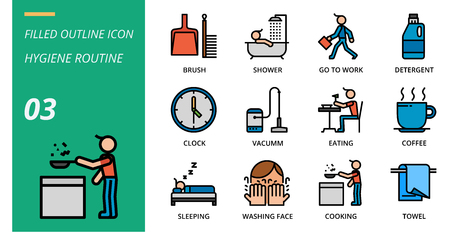 Filled outline icon pack for hygiene routine, brush, shower, go, to, work, detergent, clock, vacuum, eating, eating, coffee, sleeping, washing face, cooking, towel.のイラスト素材