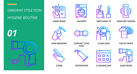 Gradient icon pack for hygiene routine, hand wash, laundry, watching tv, sanitary napkin, hair washing, contact lens case, clean dish, toilet paper, comb, toothpaste, cleaning day, hair dryer.のイラスト素材