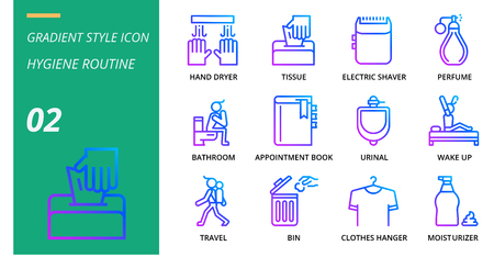 Gradient icon pack for hygiene routine,hand dryer, tissue,electric shaver, perfume, bathroom, appointment book, urinal, wake up, travel, bin, clothes hanger, moisturizer.のイラスト素材