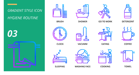 Gradient icon pack for hygiene routine, brush, shower, go, to, work, detergent, clock, vacuum, eating, eating, coffee, sleeping, washing face, cooking, towel.のイラスト素材