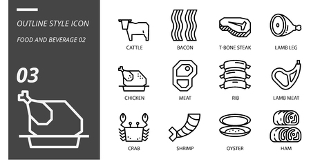 Outline icon pack for food and beverage, cattle,bacon,tbone steak,lamb leg,chicken,meat,rib,lamb meat,crab,shrimp,oyster,ham.のイラスト素材