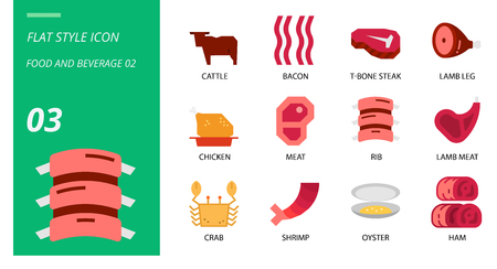Flat icon pack for food and beverage, cattle,bacon,tbone steak,lamb leg,chicken,meat,rib,lamb meat,crab,shrimp,oyster,ham.のイラスト素材