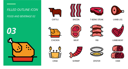 Filled outline icon pack for food and beverage, cattle,bacon,tbone steak,lamb leg,chicken,meat,rib,lamb meat,crab,shrimp,oyster,ham.のイラスト素材