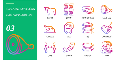 Gradient icon pack for food and beverage, cattle,bacon,tbone steak,lamb leg,chicken,meat,rib,lamb meat,crab,shrimp,oyster,ham.のイラスト素材